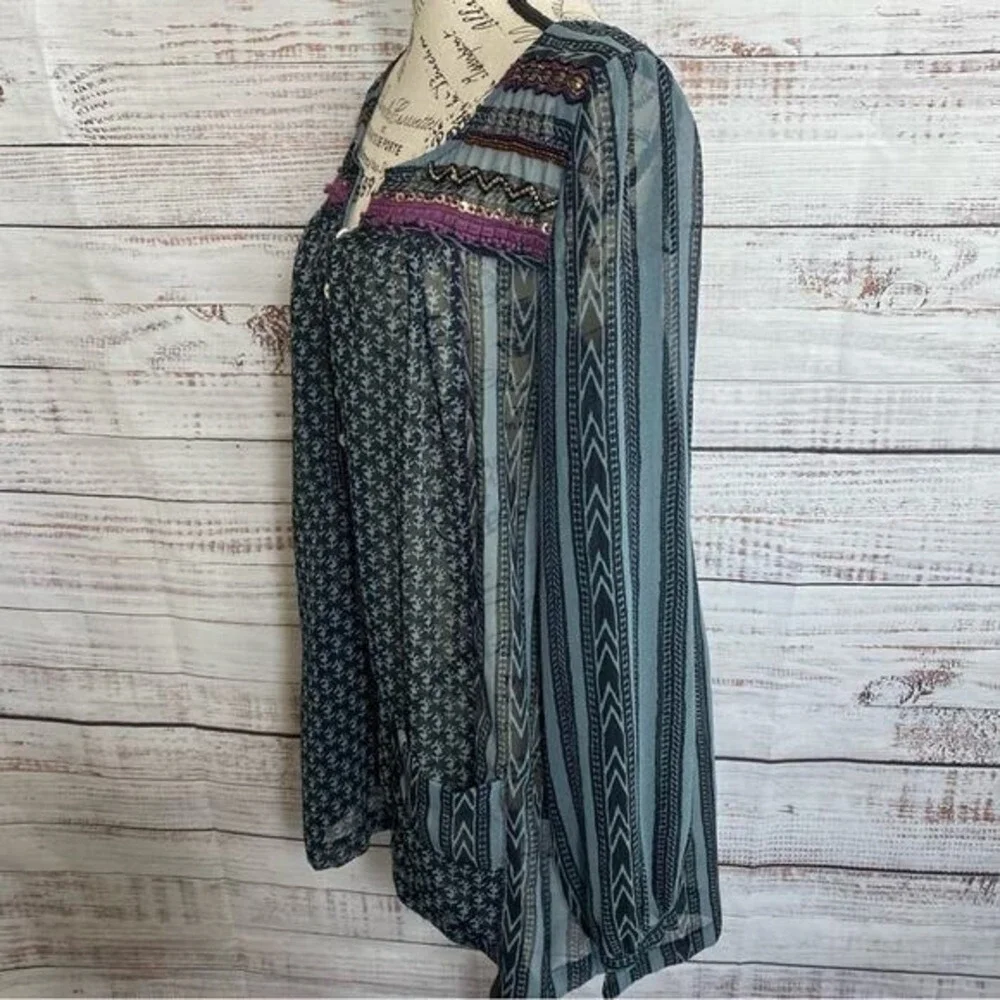 Free People Boho Beaded Embroidered Tunic Blouse Sheer Long Sleeve Print Pockets